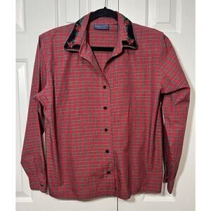 Vtg Karen Scott Red Green Tartan Plaid Velvet Trim Poinsettia Collar Shirt Sz L